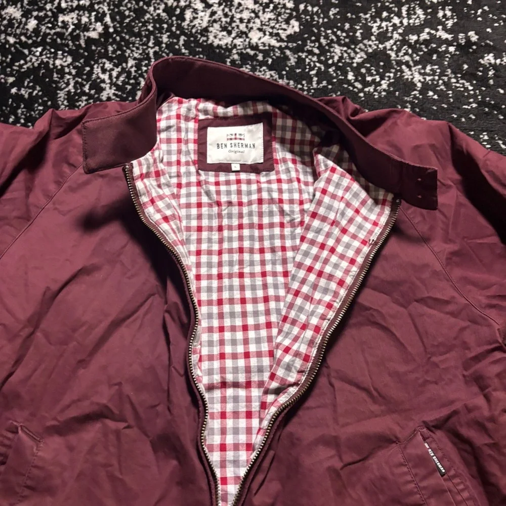 Ben Sherman Mens Harrington Jacket Burgundy Red Gingham Lined Full Zip Large